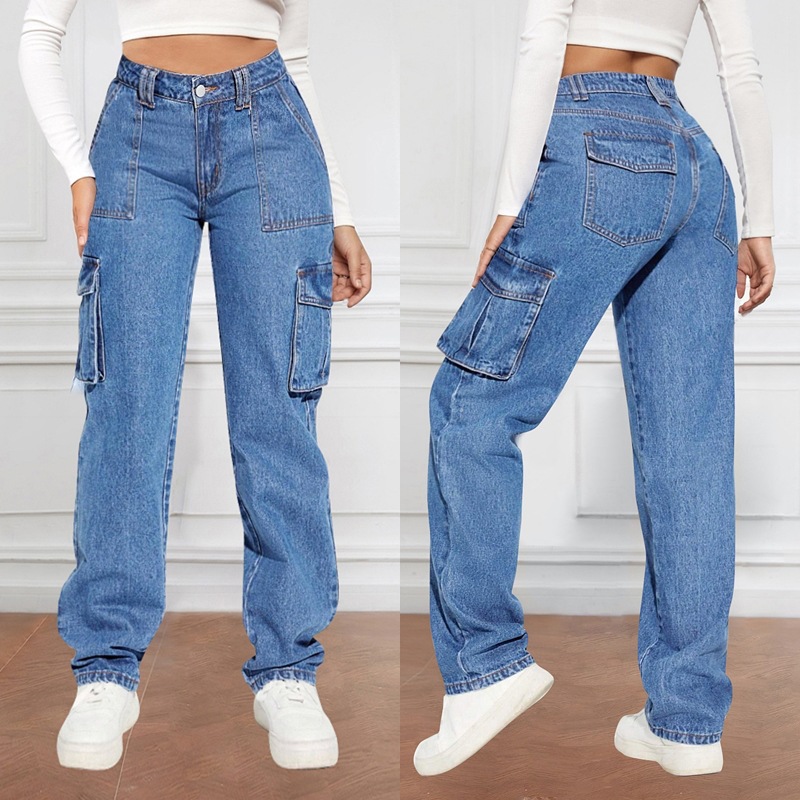 2024 New Cross-border Foreign Trade American Style Retro Mid-waist Multi-pocket Tooling Jeans Women's Casual Straight Trendy Pants