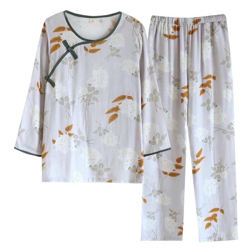 Pajamas women's spring and autumn sweet Net red style home wear fresh bamboo fiber national style casual home wear plus size pajamas