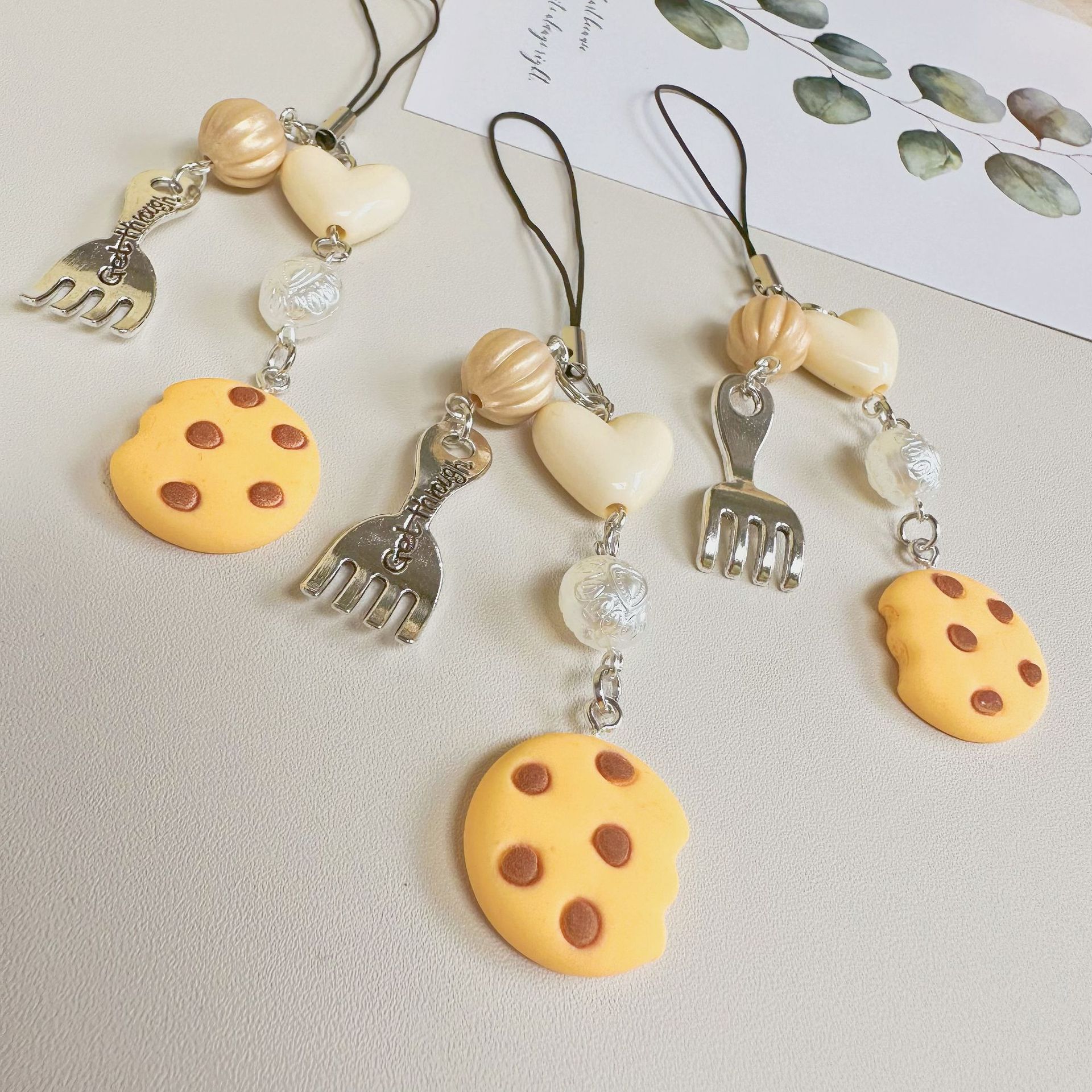 Cute Handmade Bite Cookies Fat Fork Metal Acrylic Keychain Mobile Phone Chain Girl Bag Pendant