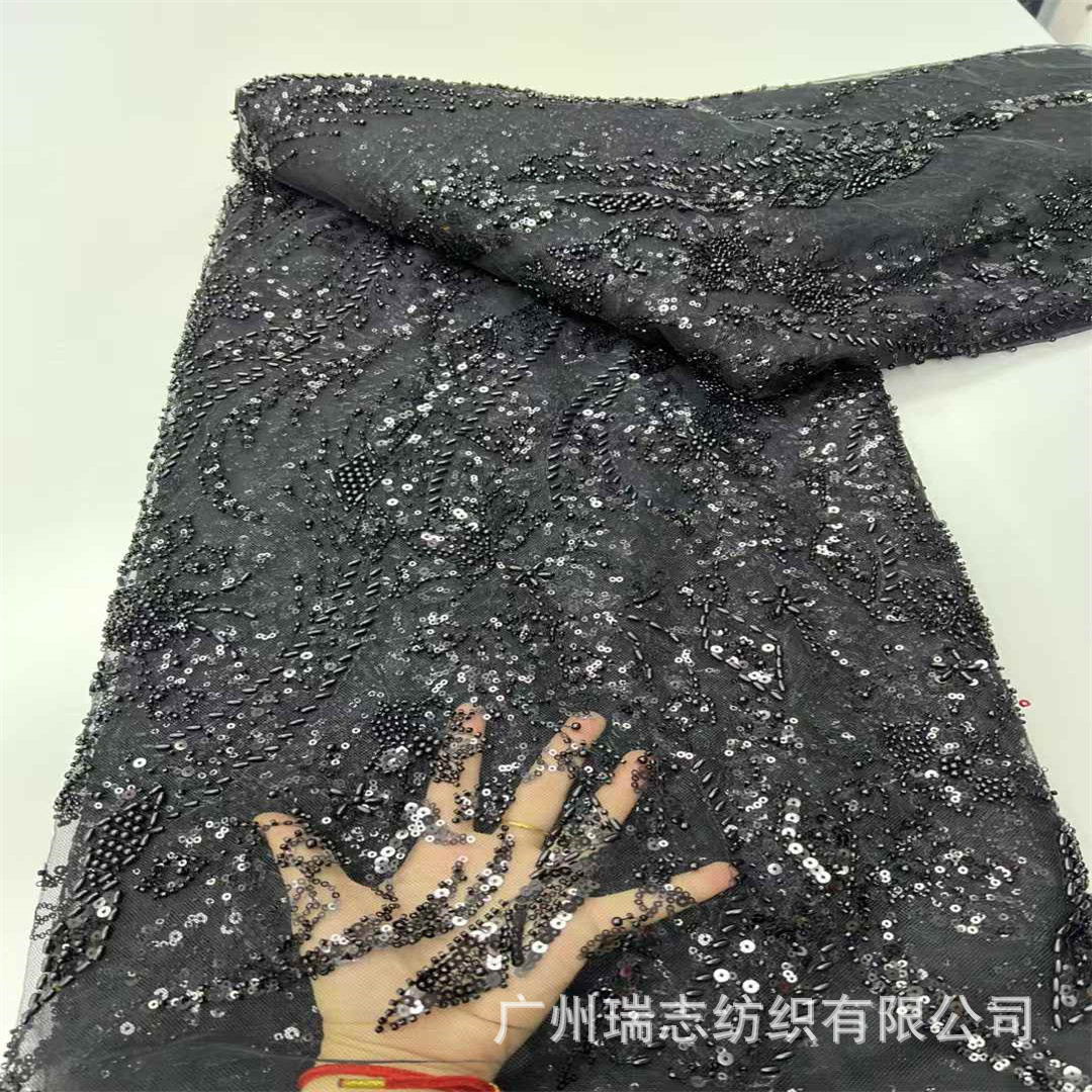 Picture of Purple heavy industry sequined embroidered plant pattern three-dimensional lace dress wedding dress cheongsam fabric lace