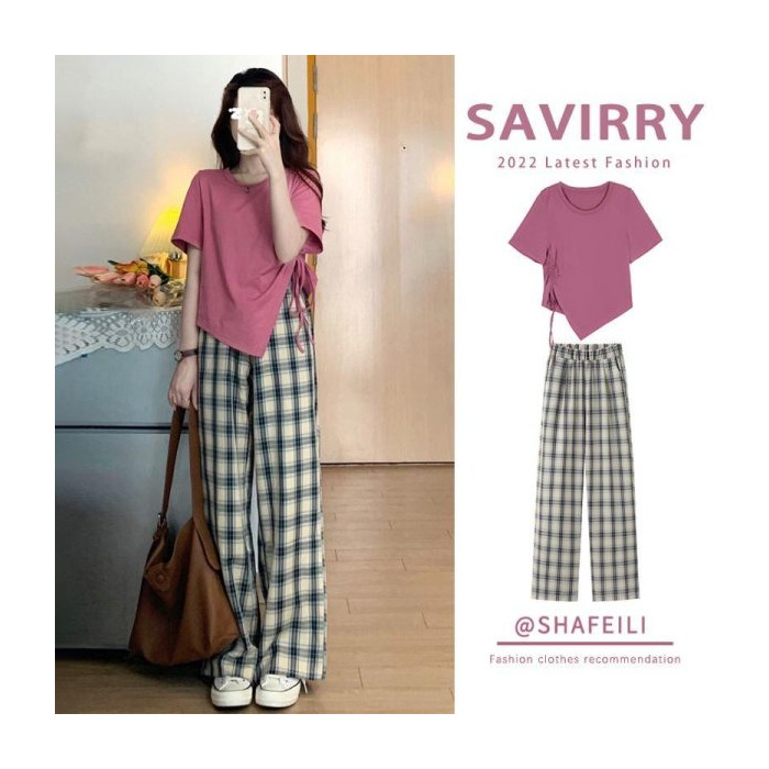 Picture of 2023 New Summer Suit Women's Meat Covering Light Mature Salt Short-sleeved Top Slimming Paid Pants Wide-leg Pants Two-piece Set