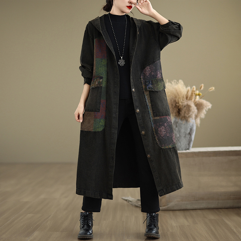 Picture of Real shot in stock autumn coat vintage stitching hat Denim coat loose large version long windbreaker coat