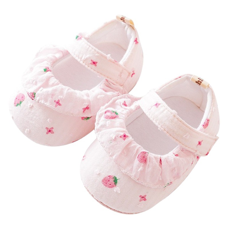 Baby Soft Sole Shoes Sweet Princess Baby Girl Non-slip Toddler Shoes Indoor Floor Shoes Strawberry Lace Single-layer Shoes in stock