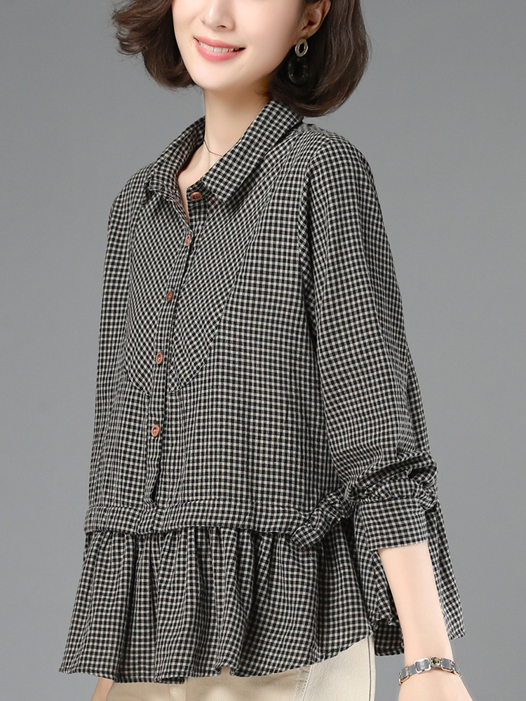 Women's Shirt Women's 2024 New Plaid Stylish Shirt Fashionable Elegant Small Mother Casual Cotton Top