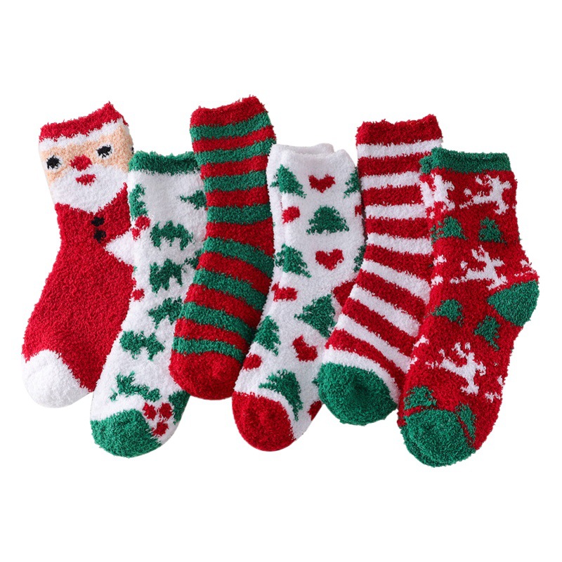 Coral velvet Christmas socks gift box for women fleece-lined thickened warm mid-calf Santa Claus women's socks Christmas tree floor socks