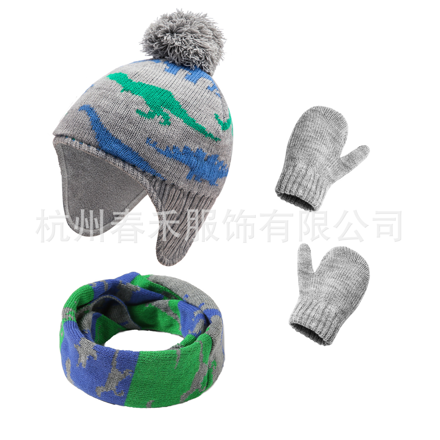 Picture of Spot 6 Color Explosions Autumn and Winter Cartoon Cute Dinosaur Hat Bag Set Young Children's Knitted Hat Gloves Scarf 3-piece Set