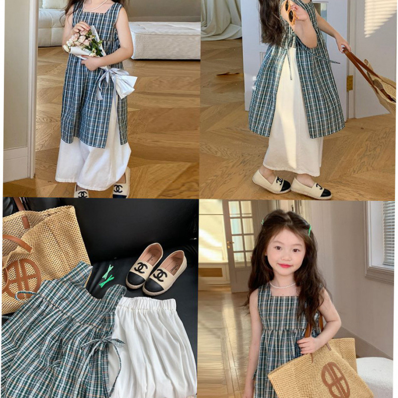 Girls suit summer new Korean style plaid blouse wide leg trousers 2-piece set for children 77368