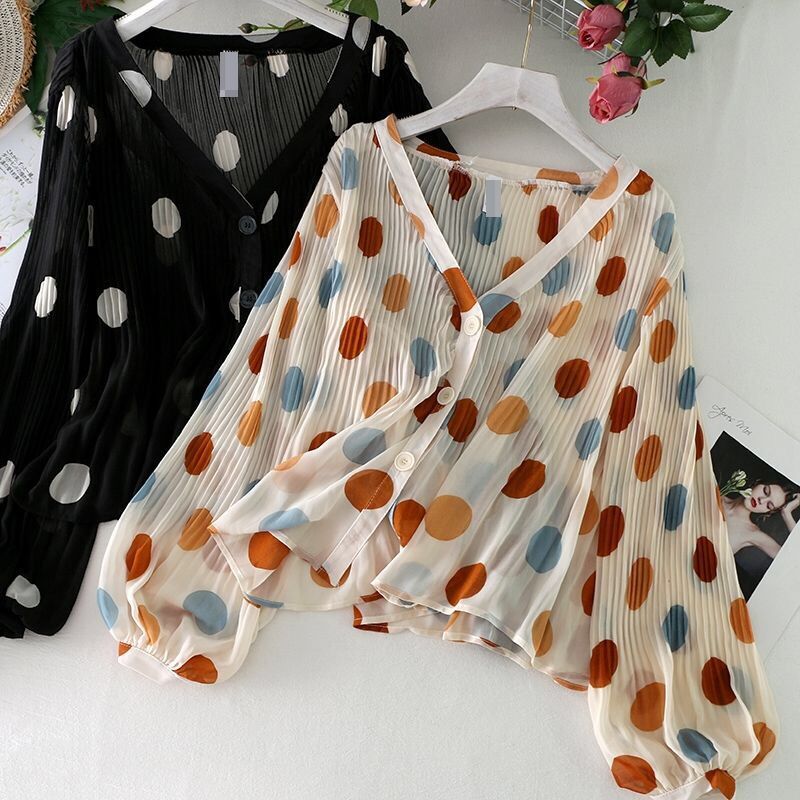 2 023 New Super Fairy V-neck Pleated Wave Dot Sunscreen Shirt Top Women's Bubble Lantern Sleeve Slim Loose Chiffon Shirt