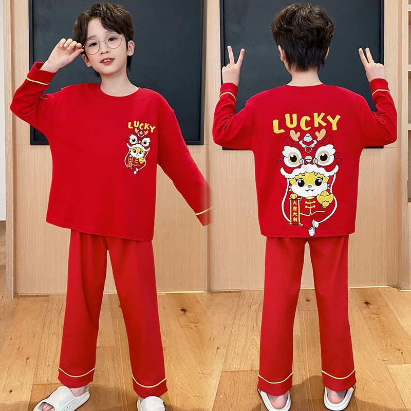 Picture of Spring and Autumn boys' pajamas pure cotton long-sleeved red animal year Festive dragon year little boy children's homewear suit