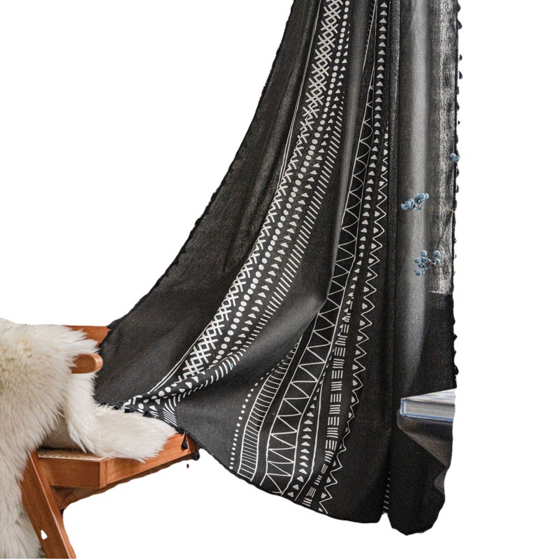 Yiman Qiyun Curtain Finished Cotton and Linen Kitchen Curtain Bblog Style Black and White Printed Bay Window Curtain