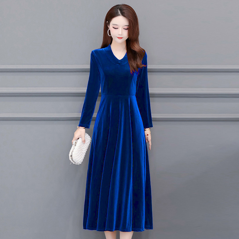 Golden velvet foreign-style dress 2023 spring autumn winter long skirt mother backing cheongsam belly-covering temperament thickened paint