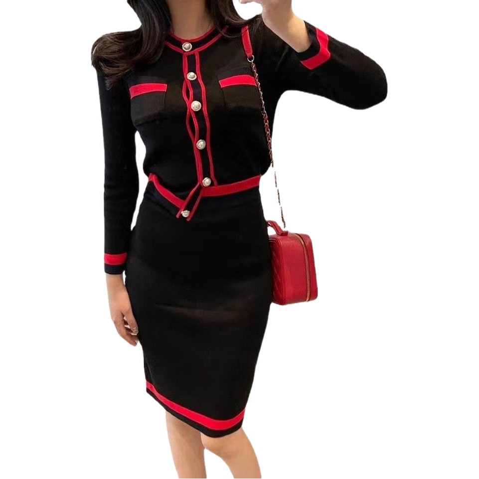 2024 Autumn and Winter Korean Fashion Women's Clothing Color Matching Small Fragrance Long Sleeve Sweater Top + Skirt Suit 5934