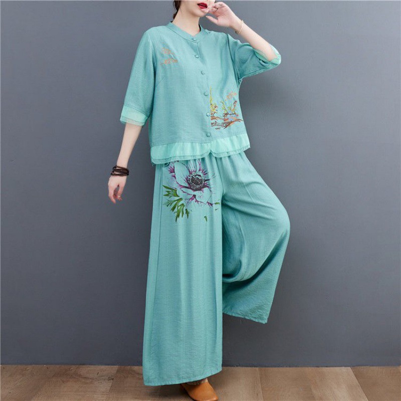 Picture of Middle-aged and elderly women's summer two-piece embroidered cotton and linen short-sleeved top western-style mother's fashionable wide-leg pants set