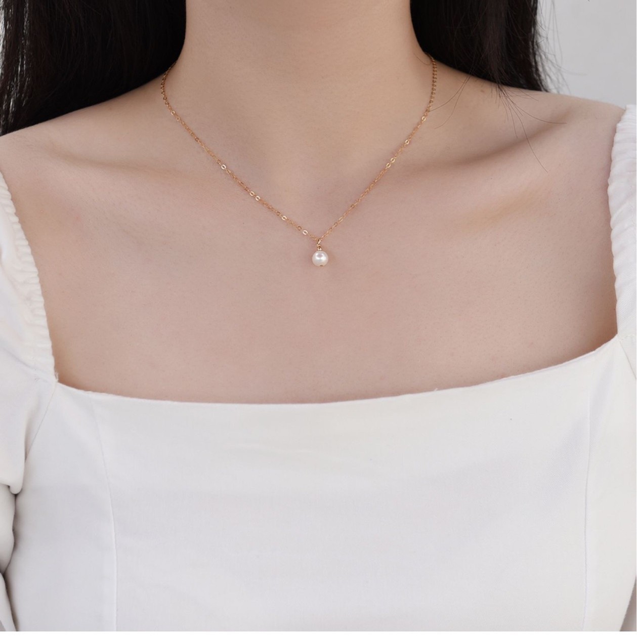 Small Bulb Strong Light Natural Freshwater Pearl 14K Bag Gold Necklace Collarbone Neck Chain Elegant Women's Simple Korean Style