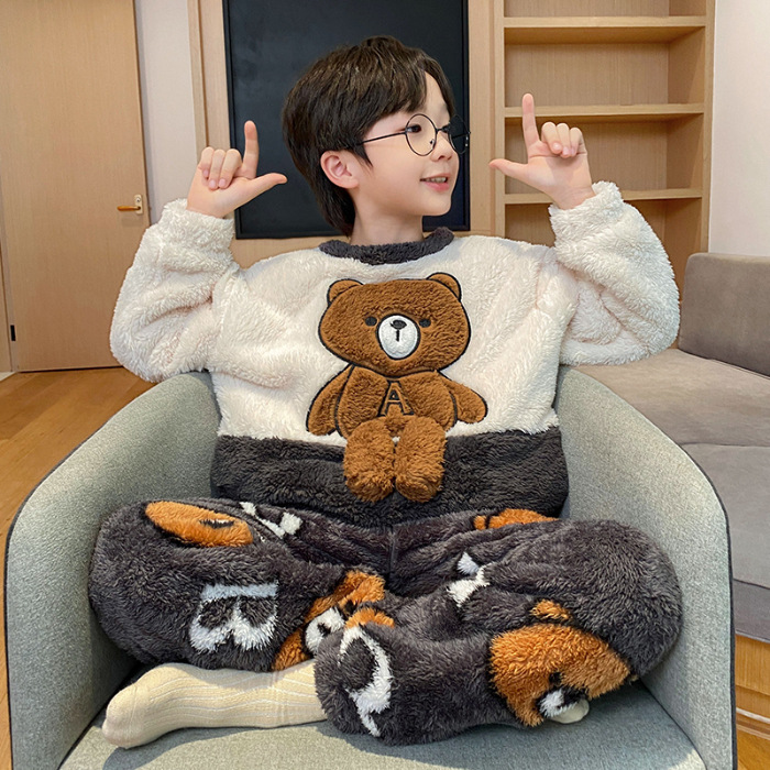 Picture of Autumn and Winter Plush Children's Pajamas Boy's Cute Cartoon Thickened Warm Coral Fleece Children's Home Clothes