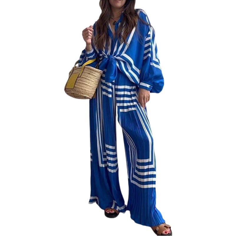 FD1239 in stock Summer New Cross-border Women's Fashion Printed Striped Shirt Pleated Straight Wide-leg Pants suit