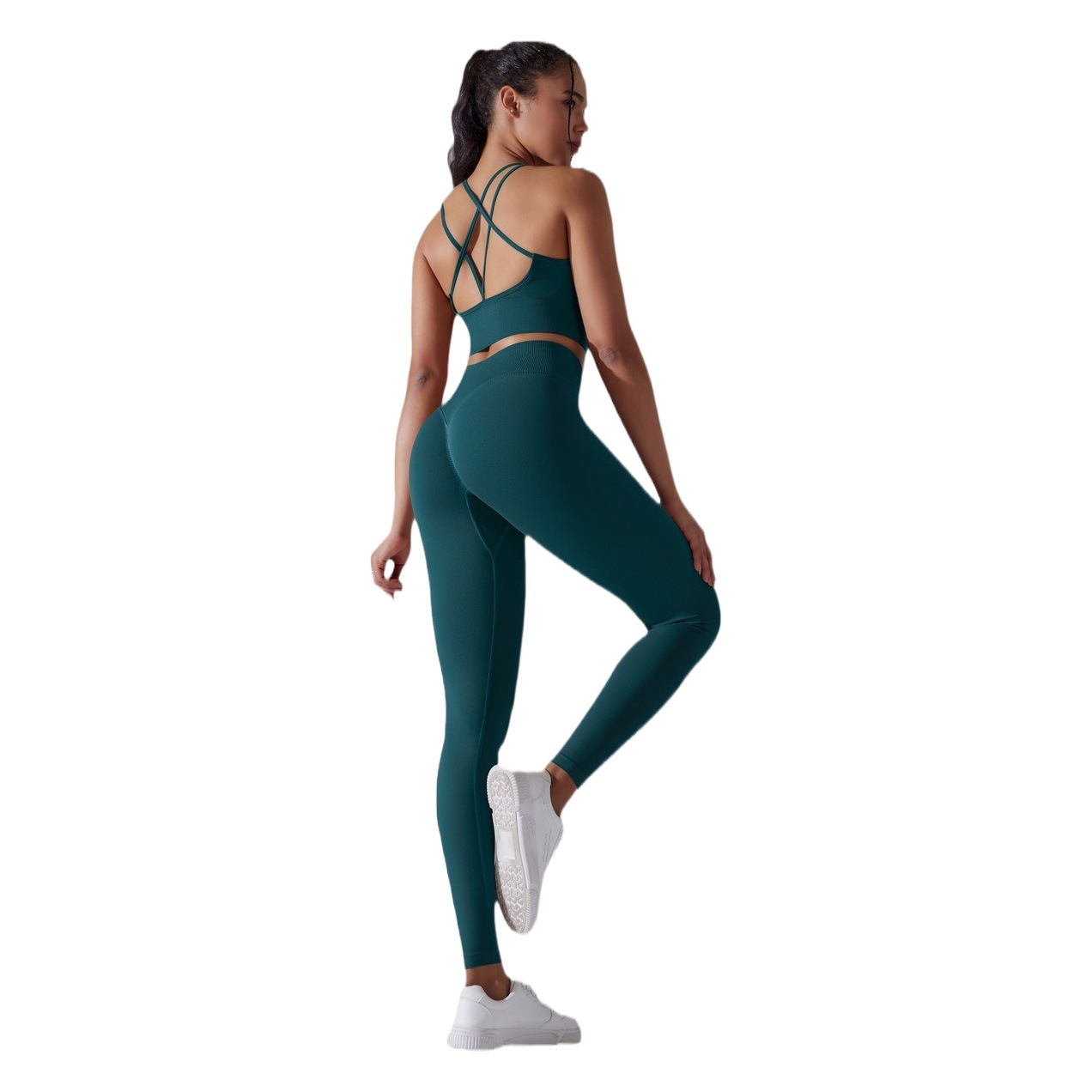 Cross-border European and American seamless knitted solid color back high elastic tight yoga clothes suit running workout clothes two-piece set for women