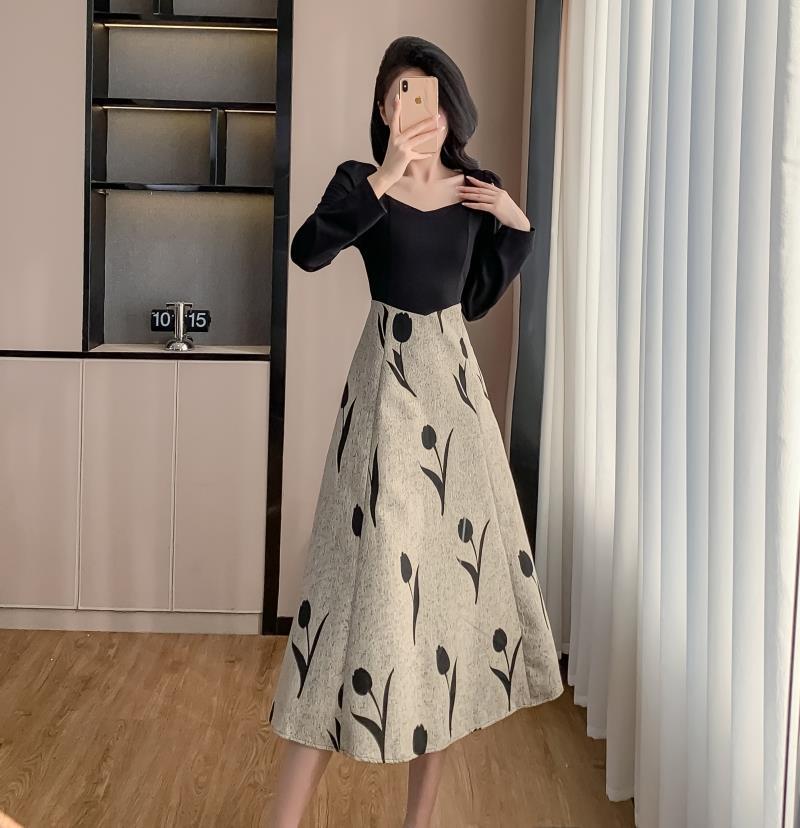 2025 Fall/Winter New French Hepburn Style Stitching Contrast Color dress Fragrant Style Celebrity Elegant Slimming Skirt