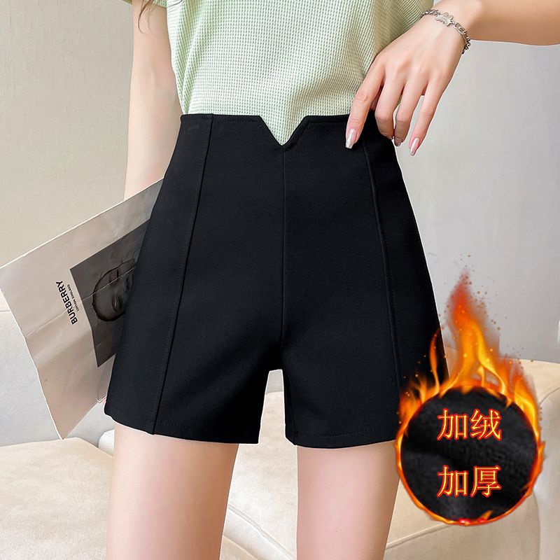 Cross-border Black Suit Shorts Women's High Waist New Autumn and Winter fleece-lined Thickened Short A- line Shorts Hot Pants
