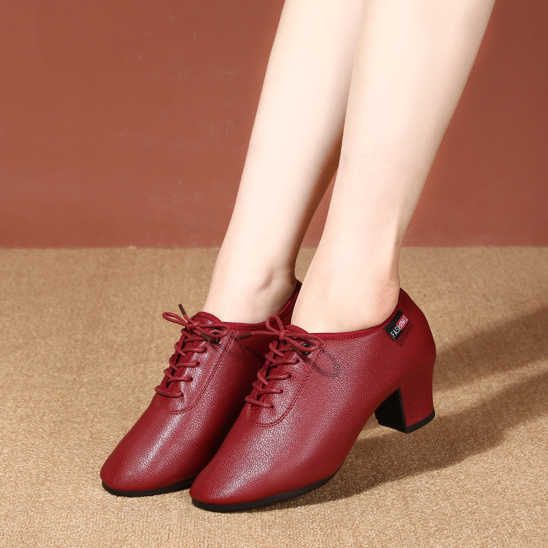 Picture of New Women's Latin Dance Shoes Soft Sole Square Dance Adult Teacher Middle Heel Beef Shoes Ballroom Dance Shoes