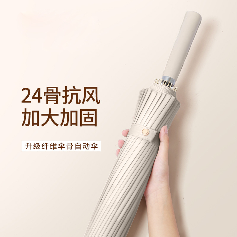 24-Rib Long-Handled Straight Umbrella, Double Automatic, Reinforced, Thickened, Sturdy, Storm-Resistant, Special Black Color, Unisex, Rainproof