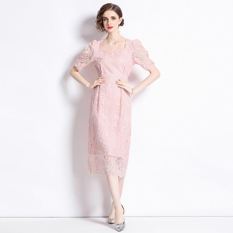 Heavy Embroidery Lace Pattern Round Neck Court Sleeves High Waist Tie Solid Color Dress for Women 2024 Summer New Style