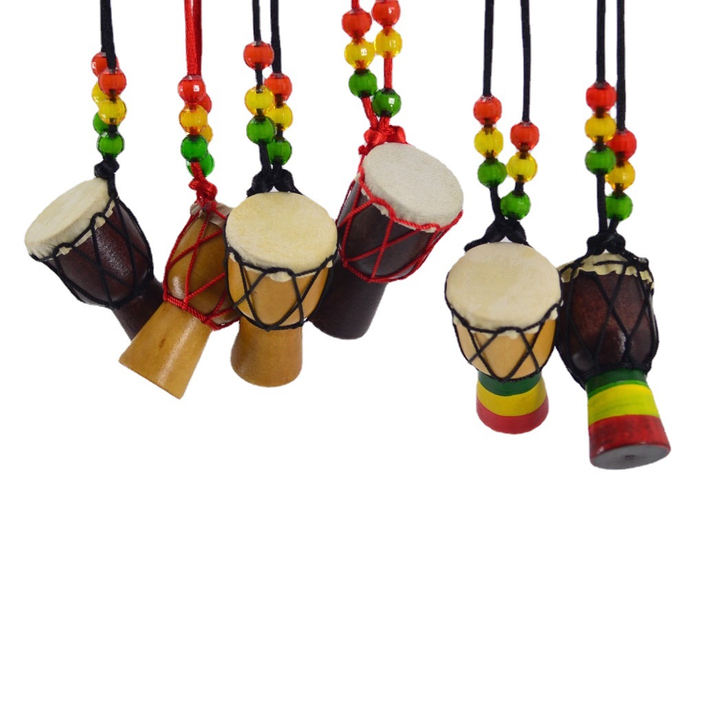 Picture of African Drum Pendant African Tambourine Necklace Jewelry Travel Gift Souvenir Solid Wood Handmade Sheepskin Sewing