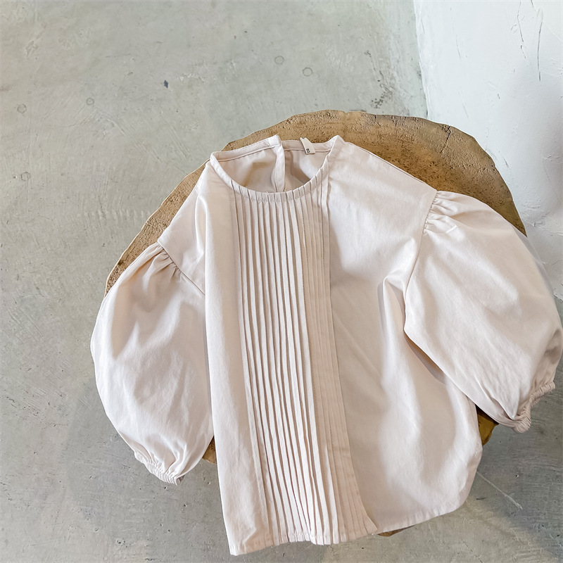 Picture of 2025 New Autum Children's Clothing Girls Autum Korean Style Linen Cotton Puff Sleeve Shirt Shirt 122090