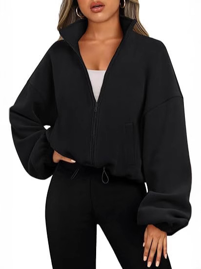 Picture of 2025 Amazon Cross-Border Short-Sleeved European and American Style Fashionable Casual Stand-Up Collar Long-Sleeved Zipper Drawstring Warm Cardigan