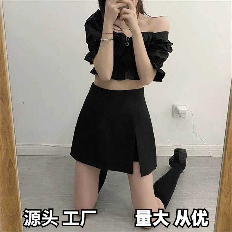 2022 Summer Anti-glare Short Skirt High Waist Irregular Skirt Slimming Split A- line Skirt Black Hip-wrap Skirt