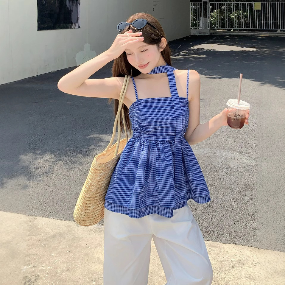 Sweet Hot Girl Plaid Pleated Camisole Women's Summer Retro Chic Ribbon Waist Sleeveless Tube Top