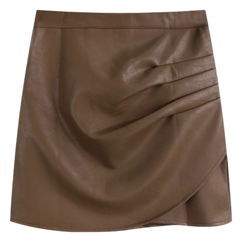 pu leather skirt women's autumn and winter new high waist high waist hot girl pleated skirt anti-naked hip skirt women's