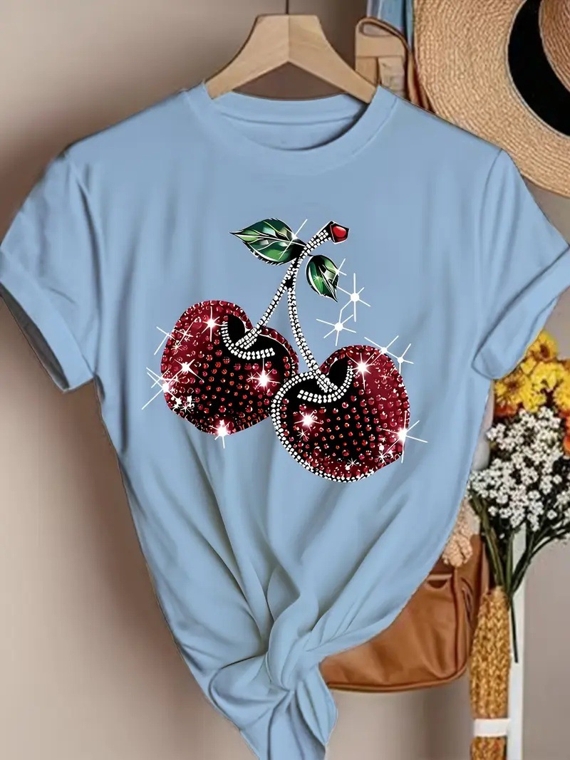 Cross-border TEMU shein Spring and Summer New Cherry 3D Flash Diamond Pattern Printed Short-sleeved Round Neck All-match T-shirt Pure Cotton