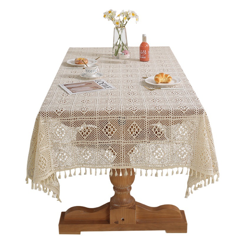 American Retro Crochet Tablecloth Woven Cut Out Tablecloth Non-Slip Cover Tablecloth Beige Cut Out Cloth Placemat