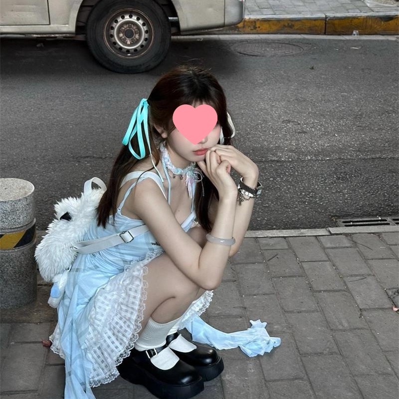Blue Vacation Plaid Mesh Vest Camisole Top Women's Summer Short Half Skirt Women's Lace Cake Skirt