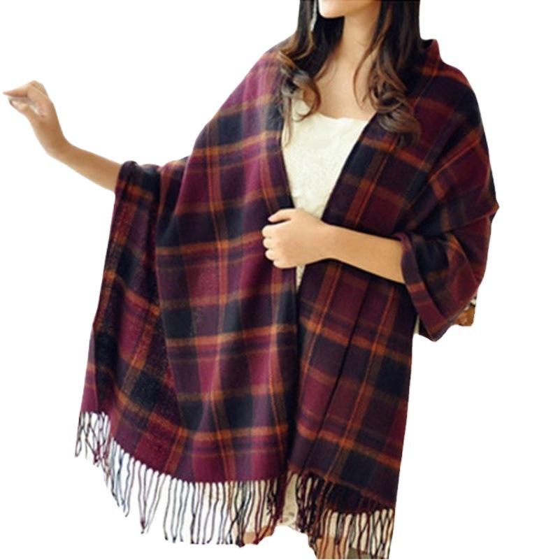 Plaid scarf women's winter versatile Korean student scarf cashmere tassel dual-use warm plaid shawl wholesale