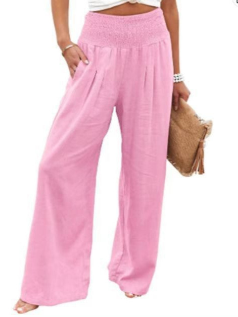 Cross-border independent station Amazon 2023 spring and summer women's cotton and linen solid color elastic waist wide leg pants casual pants pants