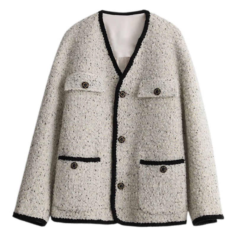 2024 Autumn and Winter Returnism Autumn Small Fragrance Style Woolen Tops Women's Heavy Industry Long Sleeve Retro V Neck Tweed Top