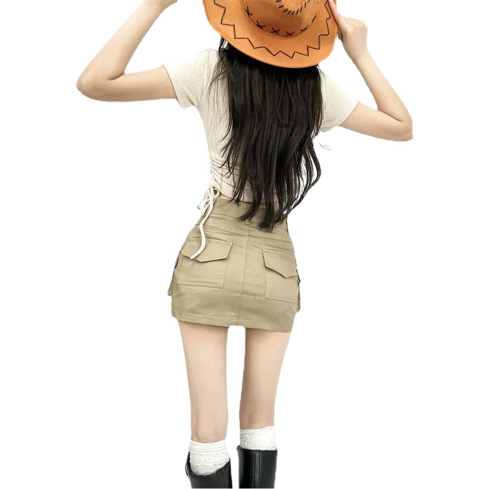 Khaki overalls skirt women's summer hot girl Anti-exposure Denim slimming retro skirt high waist A- line short skirt