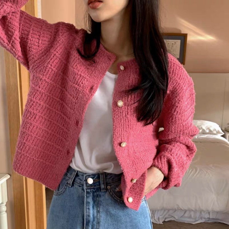 South Korea Autumn and Winter Vintage Chanel Style Round Neck Texture Woven Sense Design Single Breasted Knitted Cardigan Women's Top