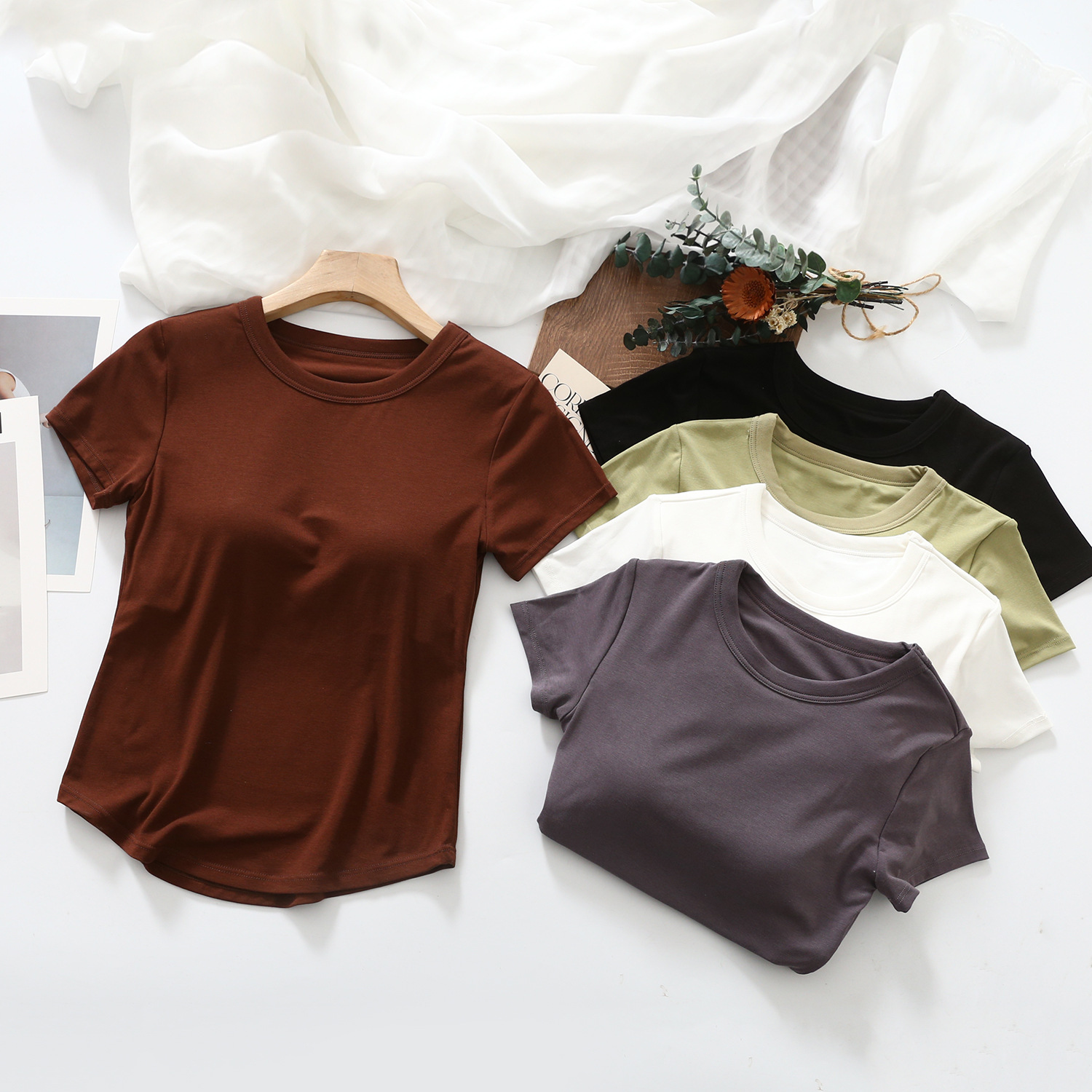 Spring and Summer new style with chest pad all-match dovetail waist short sleeve women's wear-free bra slim fit slimming outerwear T-shirt women