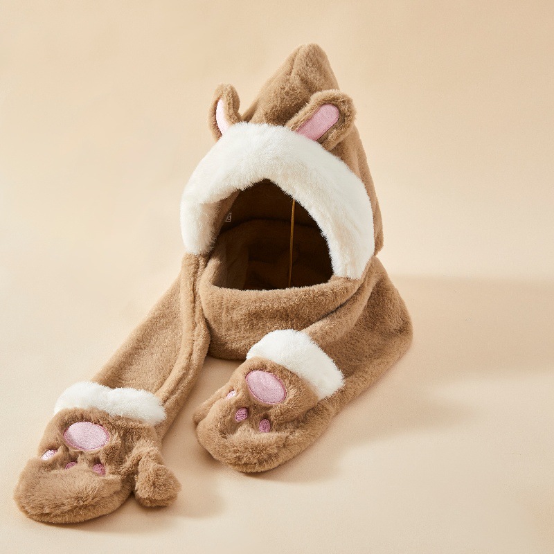 Picture of New Bear Hat Winter Hat Cute Warm Thickened Scarf Integrated Ear Protection Hat Three-Piece Set Cycling Cold Protection Hat