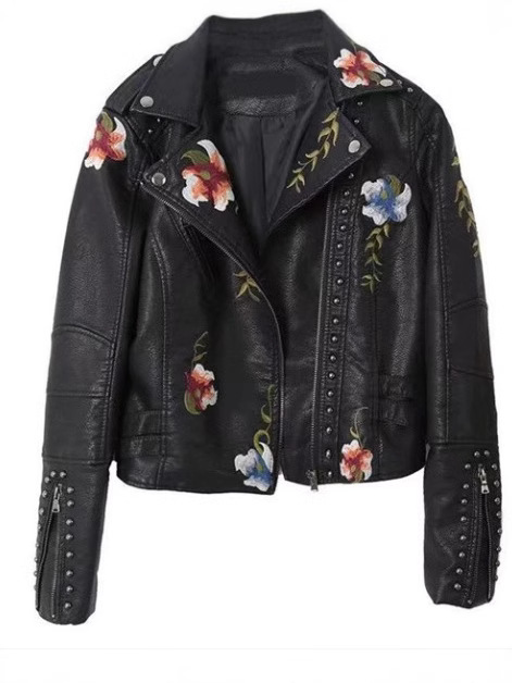 Europe and America Cross-border Autumn 2024 Leather Leather Jacket Street Tide New Product Personality Street Style Embroidery