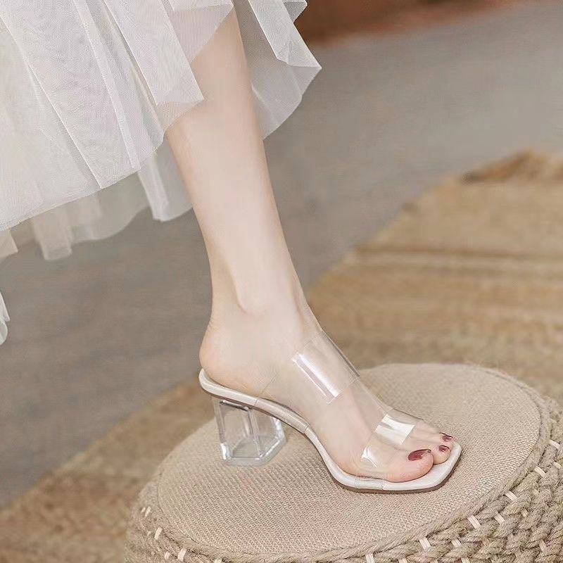 2023 Summer new transparent sandals Women's Mid Heel chunky heel crystal high heels fairy style strap sandals