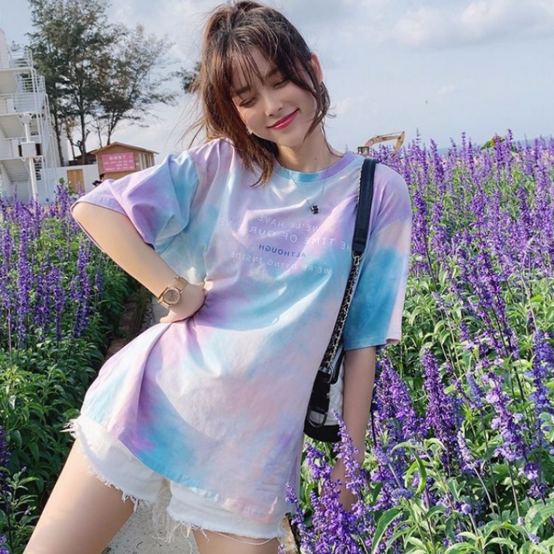 Tie-dyed gradient color loose short-sleeved T-shirt women's summer new casual women's bottoming shirt student plus size top women's clothing