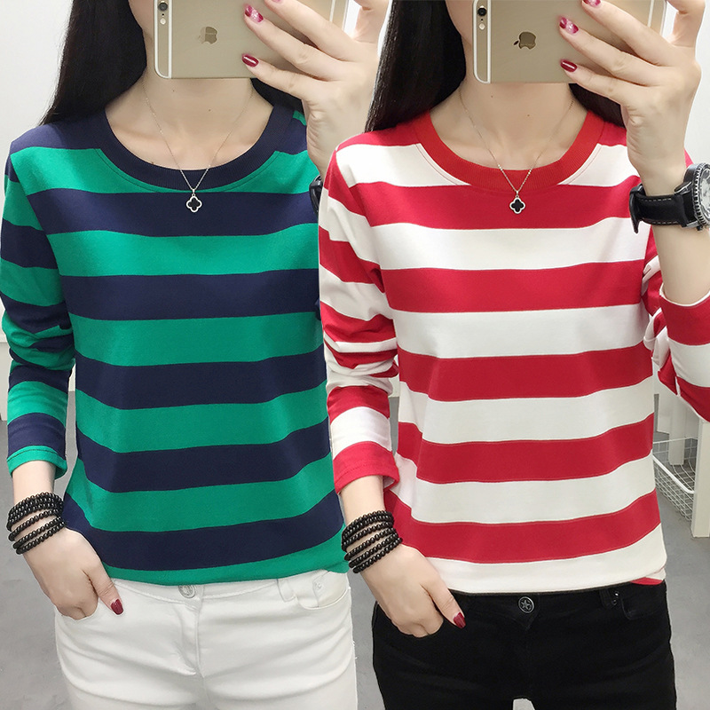Striped Long-sleeved T-shirt Women's Loose Top for Chubby Girls 2021 New Spring and Autumn Large Size Women's Base Shirt Women's Autumn Clothes