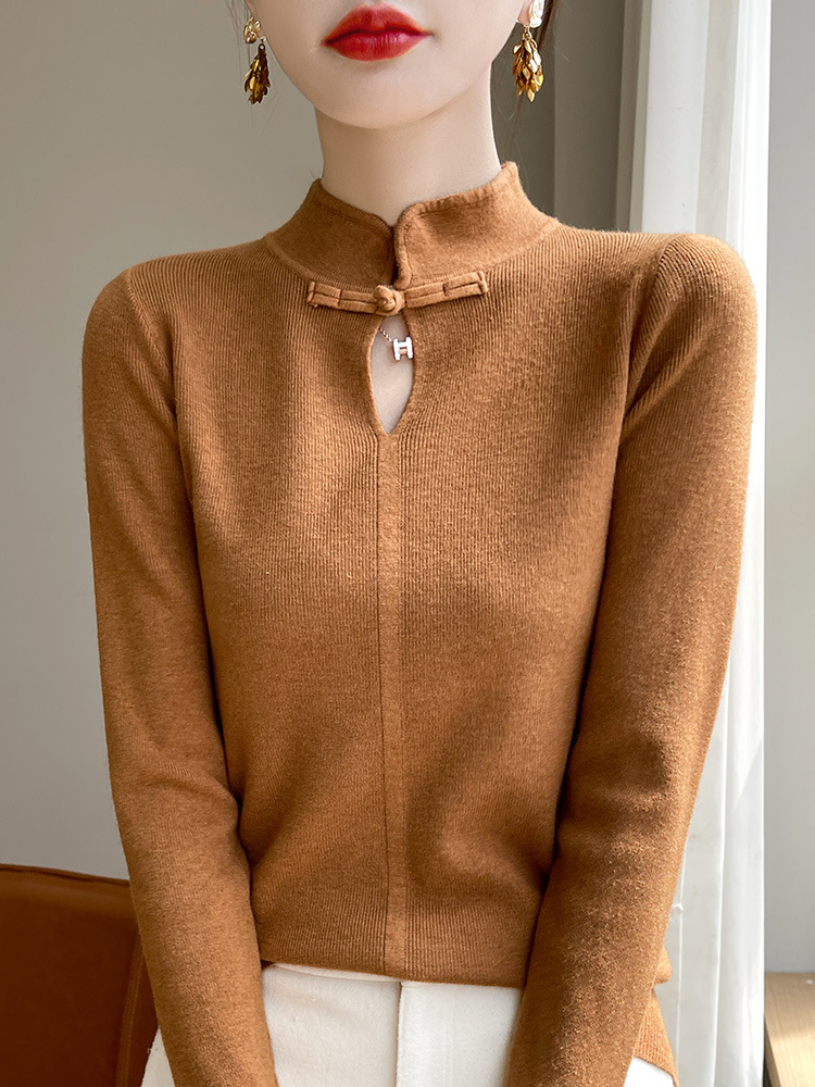 Sweater Women's New Chinese Style Vertical Collar Knitted Sweater Spring and Autumn Buckle National Style Cheongsam Collar Loose Sweater Base Shirt Women's Korean Style