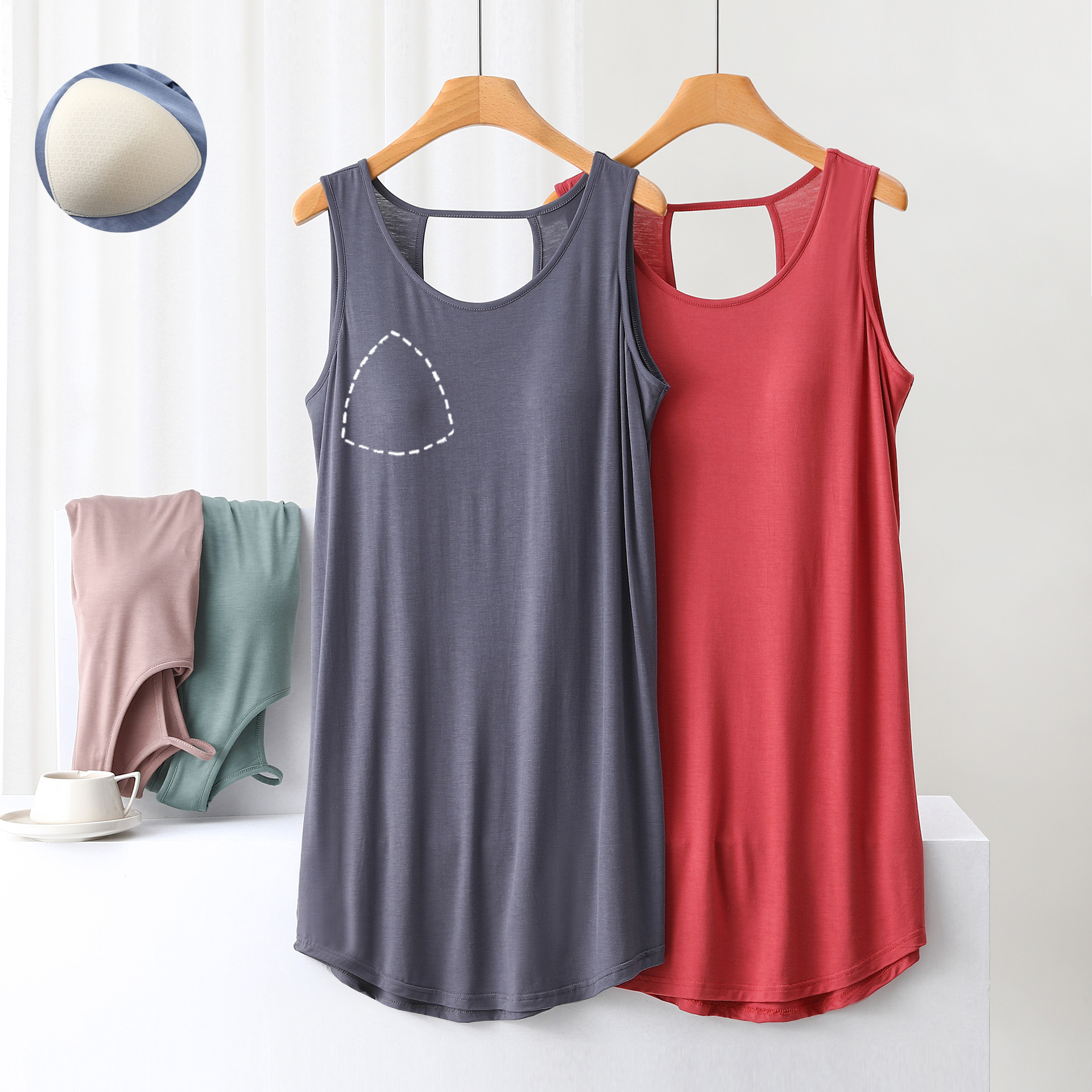 Summer Modal Vest with Chest Pad Nightdress Women Thin Breathable Sling Sleeveless dress Solid Color Outer Wearing