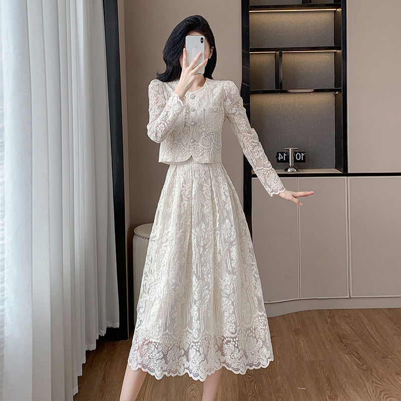 Thirteen Line Quality 2025 Spring Embroidered suit Socialite Light Luxury Water Soluble Lace Skirt Two-Piece Set 9518