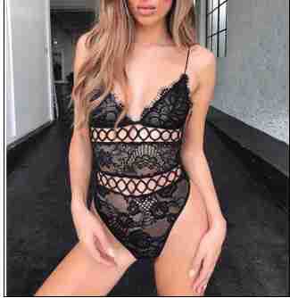 [Cross-border 2019 summer new women's clothing lace stitching circle hole sexy lingerie jumpsuit heavy industry